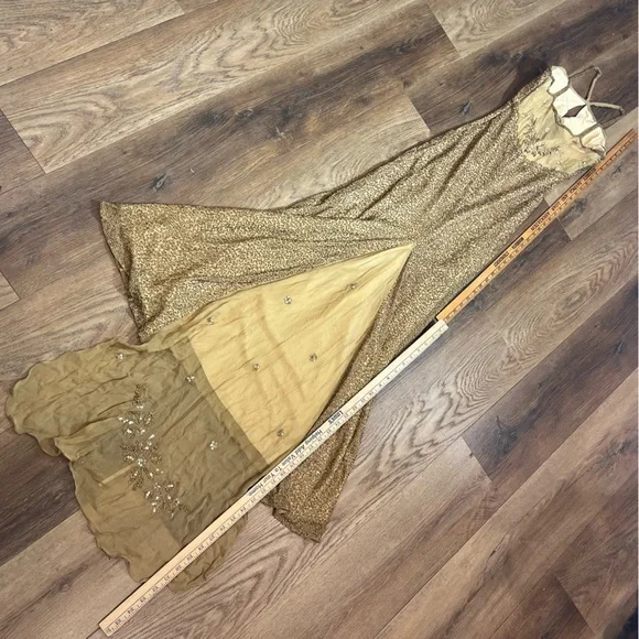 Vintage 100% Silk Beaded Dress Gold Beaded Dress Train Sheer Silk Fairy Prom - Picture 15 of 17